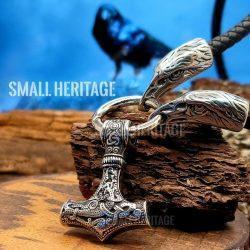 Viking Raven Leather Necklace with Mjolnir and Huginn and Muninn