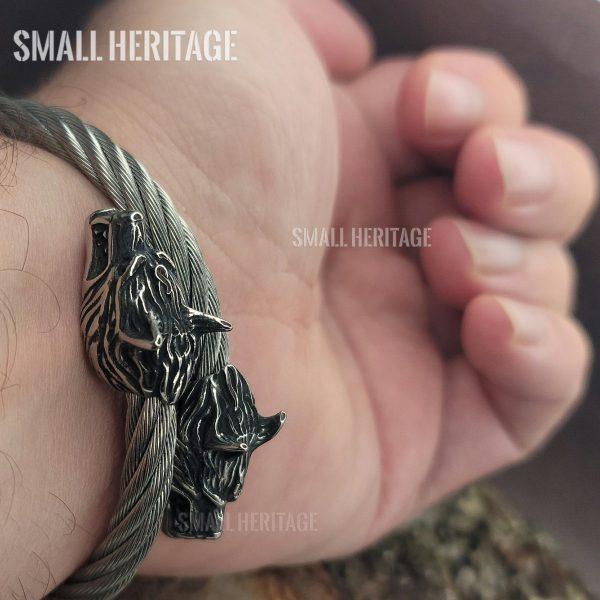 Wolf Heads Bracelet Stainless Steel Viking Cuff