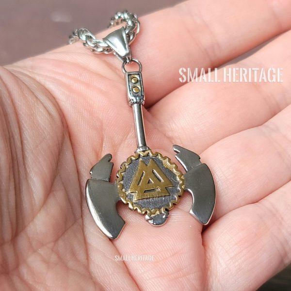 Viking Axe Necklace Stainless Steel Valknut Lightweight Pendant Helm of Awe