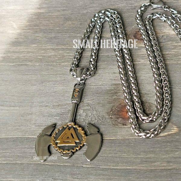 Viking Axe Necklace Stainless Steel Valknut Lightweight Pendant Helm of Awe