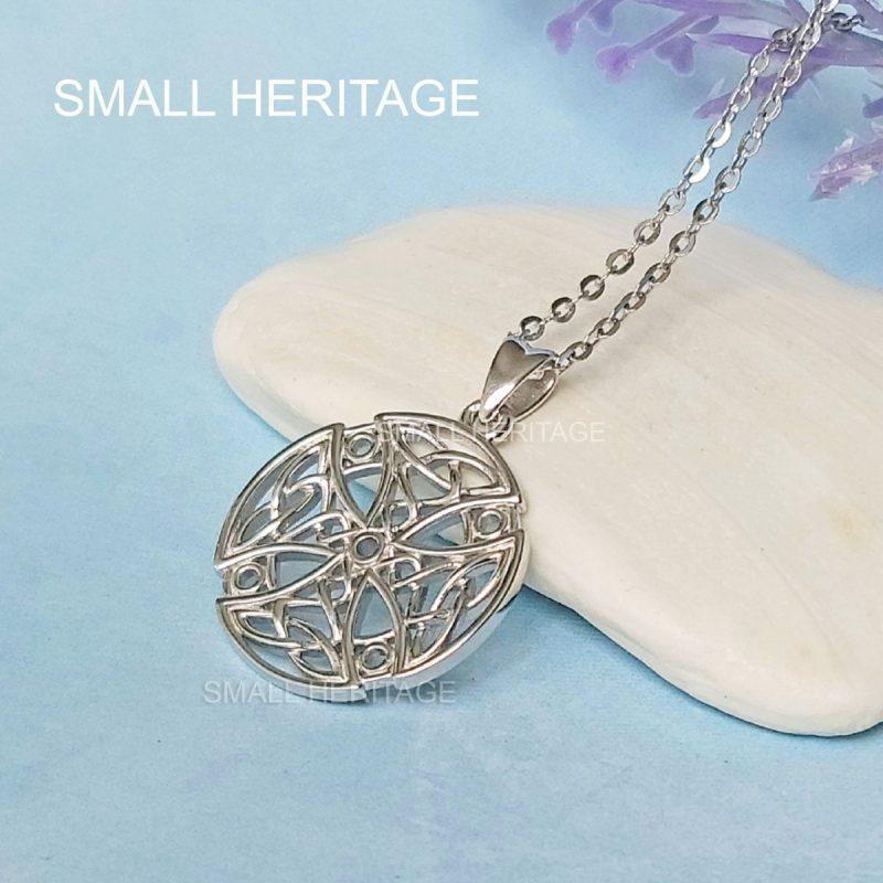 925 Sterling Silver Irish Celtic Cross Necklace Small Round Pendant