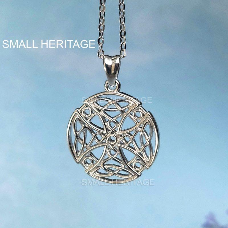 925 Sterling Silver Irish Celtic Cross Necklace Small Round Pendant