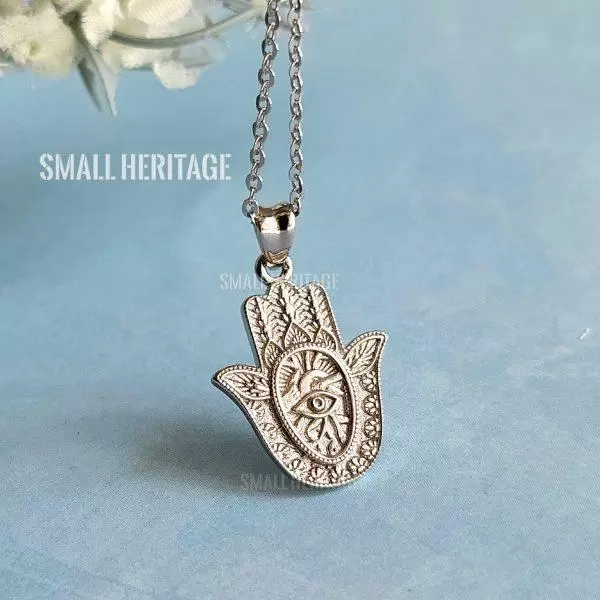 Protection Evil Eye Necklace 925 Sterling Silver Hand of Fatima Pendant