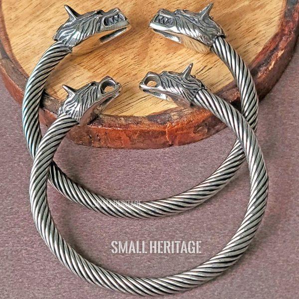 Viking Stainless Steel Cuff Norse Wolf Head Bracelet Bangle