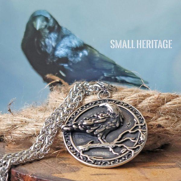 Raven Necklace Viking Helm of Awe Pendant Norse Runes Stainless Steel Amulet