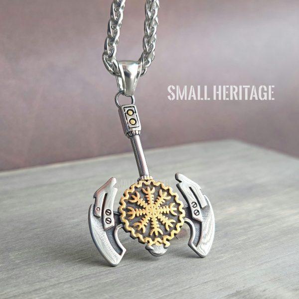 Viking Axe Necklace Stainless Steel Valknut Lightweight Pendant Helm of Awe