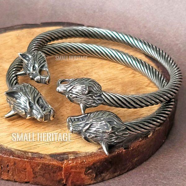 Viking Stainless Steel Cuff Norse Wolf Head Bracelet Bangle