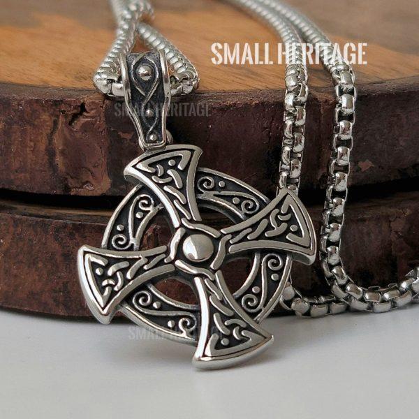 Small Viking Celtic Cross Pendant Stainless Steel Necklace - Chain