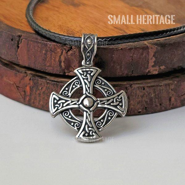 Small Viking Celtic Cross Pendant Stainless Steel Necklace - Rope