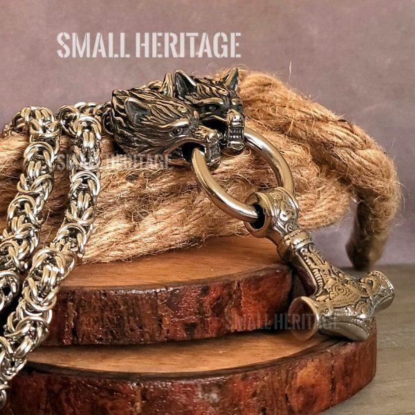 Large Viking Necklace Wolf Heads Chain Thor Hammer Mjolnir Men