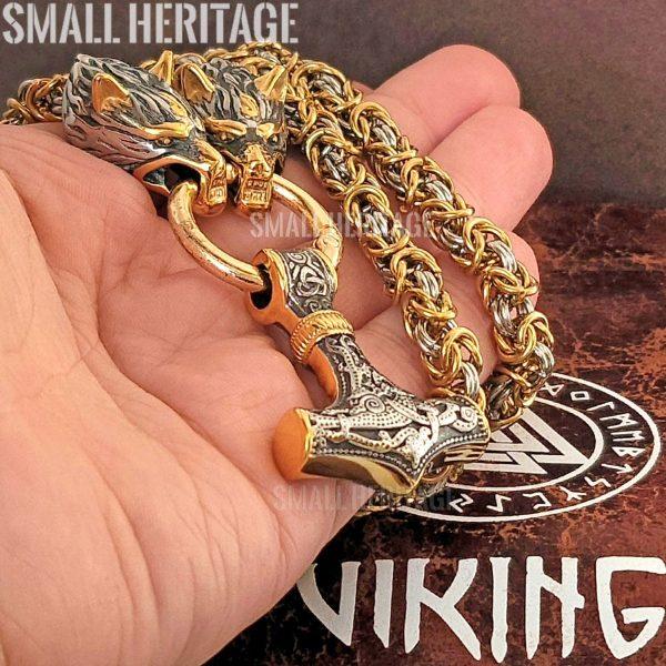 Large Viking Necklace Wolf Heads Chain Thor Hammer Mjolnir Men