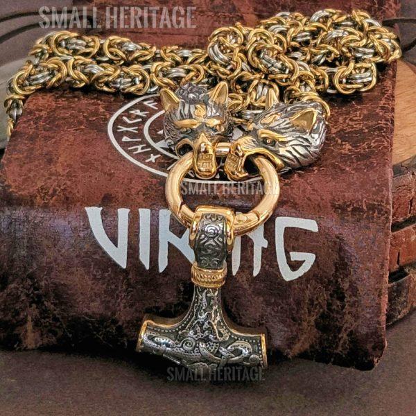 Large Viking Necklace Wolf Heads Chain Thor Hammer Mjolnir Men