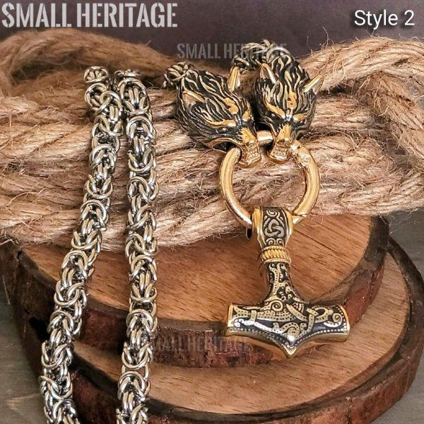 Large Viking Necklace Wolf Heads Chain Thor Hammer Mjolnir Men