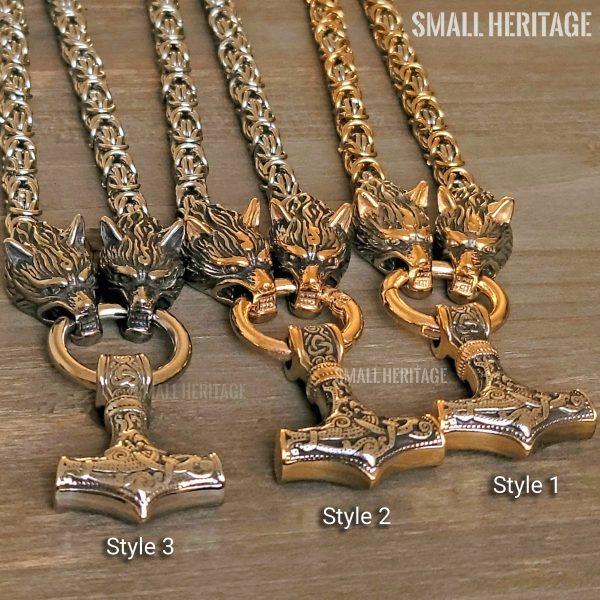 3 styles Large Viking Necklace Wolf Heads Chain Thor Hammer Mjolnir Men