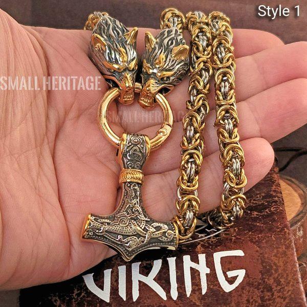 Large Viking Necklace Wolf Heads Chain Thor Hammer Mjolnir Men