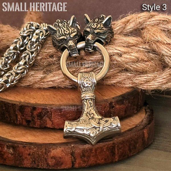 Large Viking Necklace Wolf Heads Chain Thor Hammer Mjolnir Men