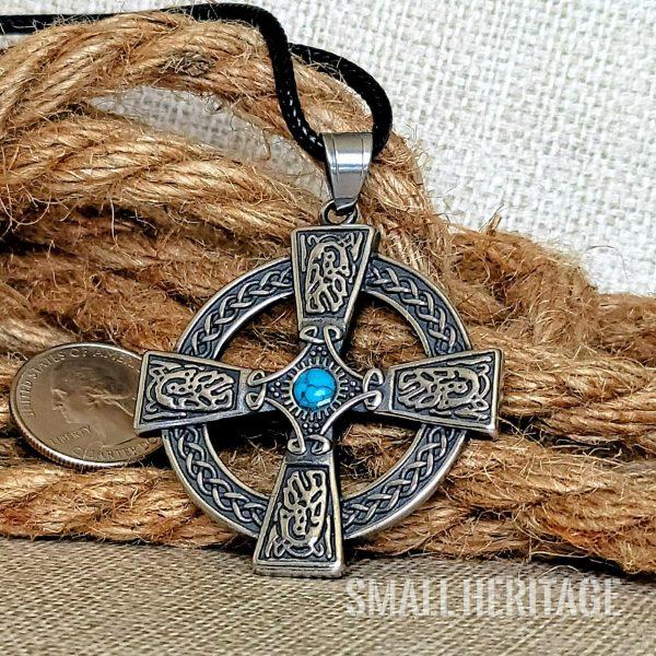 Large Celtic Cross Necklace Stainless Steel Irish Pendant Stone