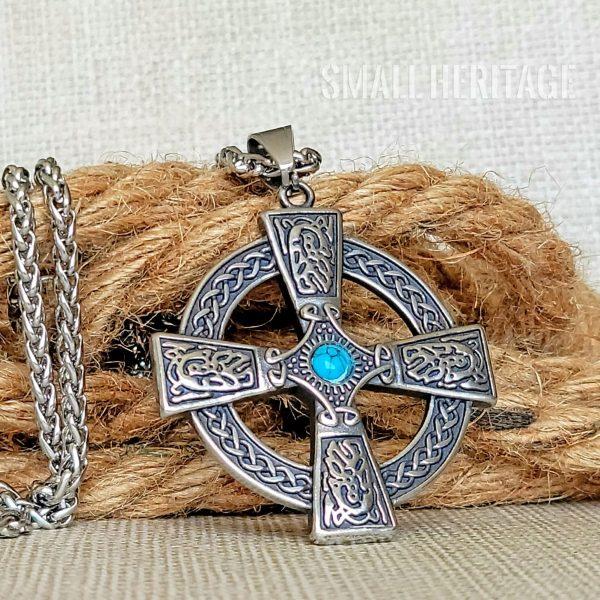 Large Celtic Cross Necklace Stainless Steel Irish Pendant Stone