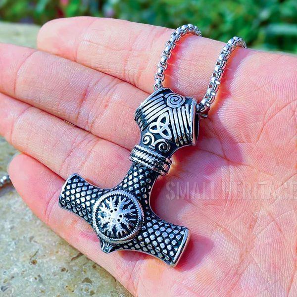 Viking Mjolnir Necklace Helm of Awe Norse Hammer Pendant