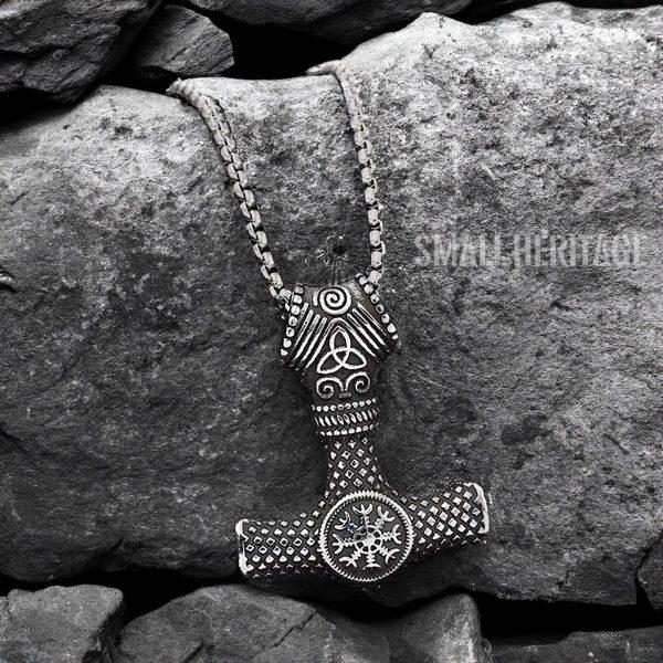 Viking Mjolnir Necklace Helm of Awe Norse Hammer Pendant