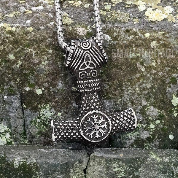 Viking Mjolnir Necklace Helm of Awe Norse Hammer Pendant