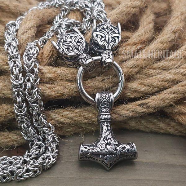 Silver Color Viking Wolf Head Byzantine Chain Necklace Norse Hammer Mjolnir Pendant For Men