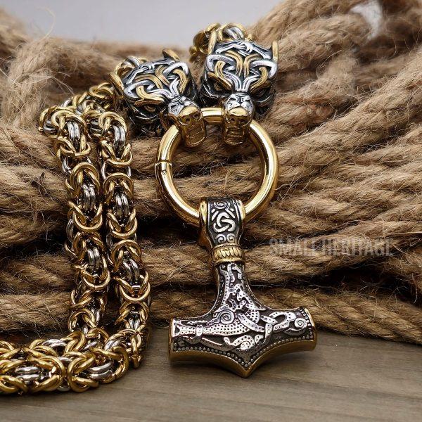 Viking Wolf Head Byzantine Chain Necklace Norse Hammer Mjolnir Pendant For Men