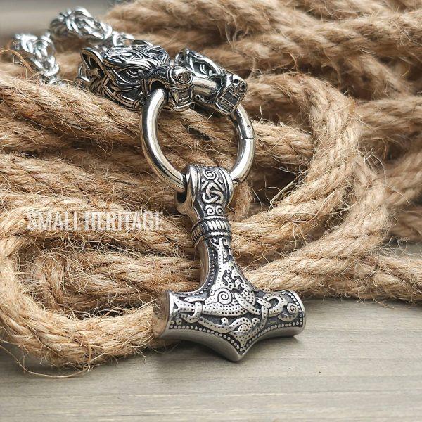 Viking Wolf Head Byzantine Chain Necklace Norse Hammer Mjolnir Pendant For Men