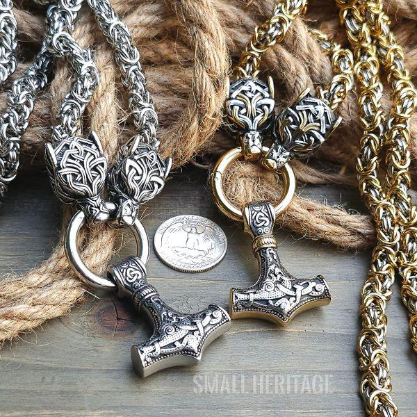 Viking Wolf Head Byzantine Chain Necklace Norse Hammer Mjolnir Pendant For Men