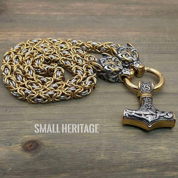 Viking Wolf Head Byzantine Chain Necklace Norse Hammer Mjolnir Pendant For Men