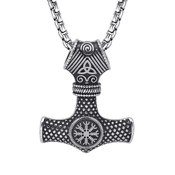 Viking Mjolnir Necklace Helm of Awe Norse Hammer Pendant