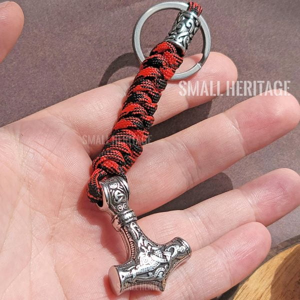 Viking Mjolnir Hammer Keychain - Car Key Ring with Survival Paracord Rope