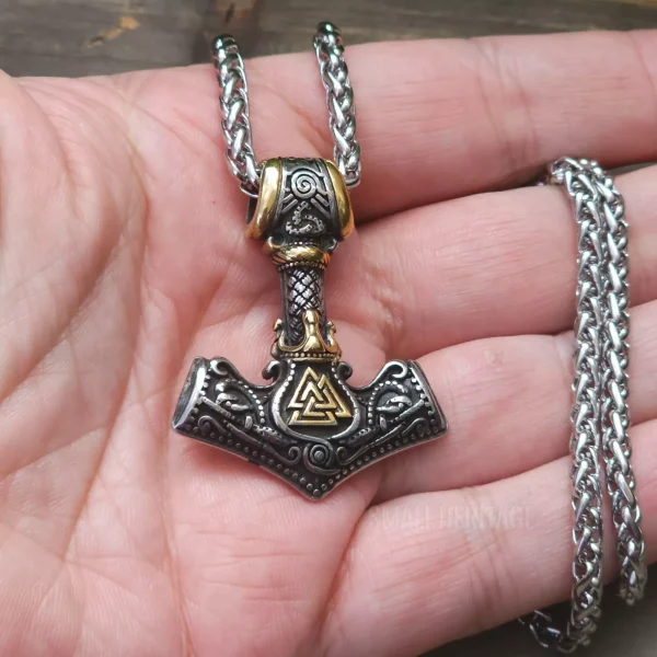 Norse Tiwaz Rune Mjolnir Necklace Stainless Steel Viking Hammer