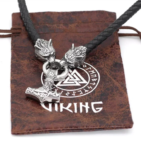 Viking Leather Cord Necklace With Wolf Heads and Thor Hammer