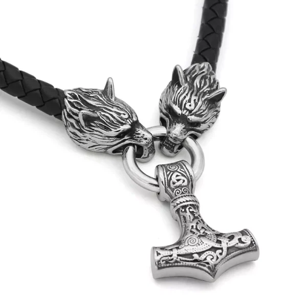 Viking Leather Cord Necklace With Wolf Heads and Thor Hammer