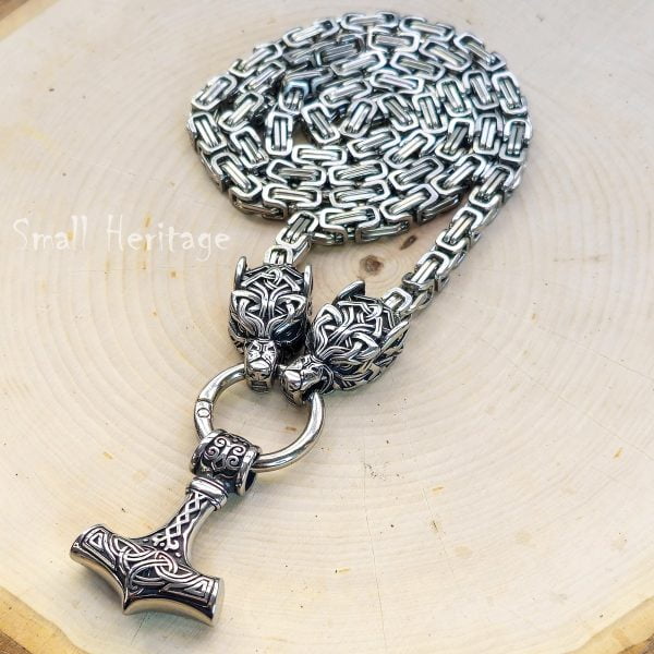 Viking Wolf Head Mjolnir Necklace Stainless Steel Thor Hammer Pendant Men