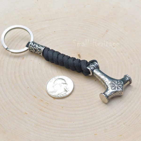 Viking Mjolnir Keychain – Stainless Steel Thor's Hammer with Helm of Awe Pendant