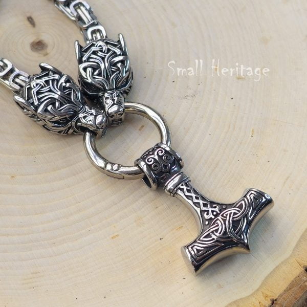 Viking Wolf Head Mjolnir Necklace Stainless Steel Thor Hammer Pendant Men