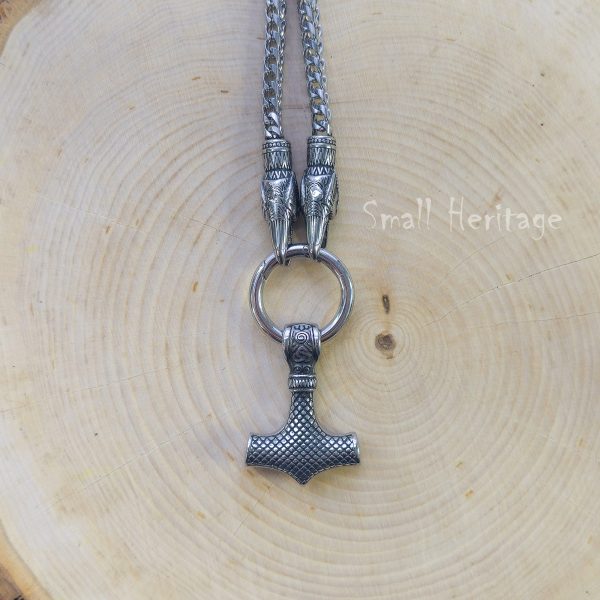 Viking Ravens Necklace Stainless Steel Hammer Mjolnir Pendant