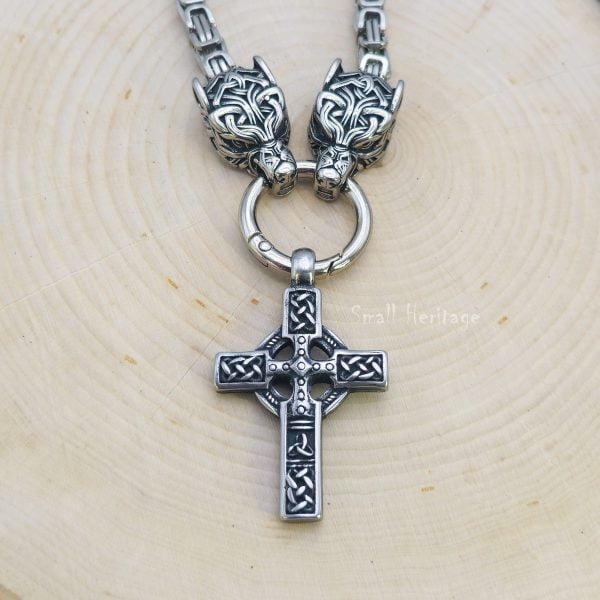 Large Wolf Cross Necklace – Heavy Stainless Steel Pendant for Men