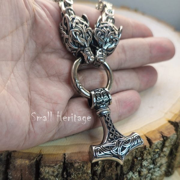 Viking Wolf Head Mjolnir Necklace Stainless Steel Thor Hammer Pendant Men