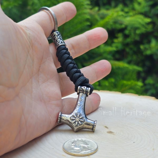 Viking Mjolnir Keychain – Stainless Steel Thor's Hammer with Helm of Awe Pendant