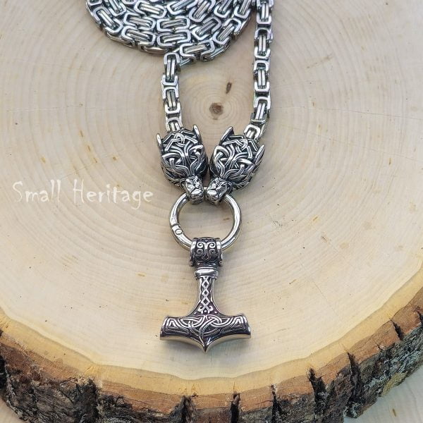 Viking Wolf Head Mjolnir Necklace Stainless Steel Thor Hammer Pendant Men