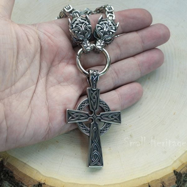 Large Wolf Head Cross Necklace – Heavy Stainless Steel Pendant for Men