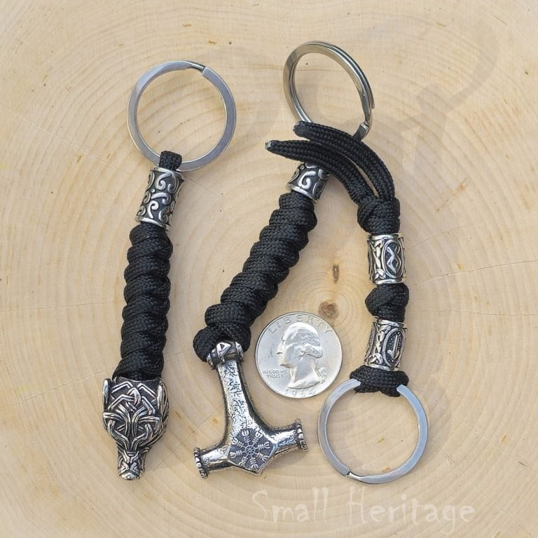 Handmade Paracord Lanyard / Keychain – Black & Grey With Nordic Rune Bead, Type III 550 Cord