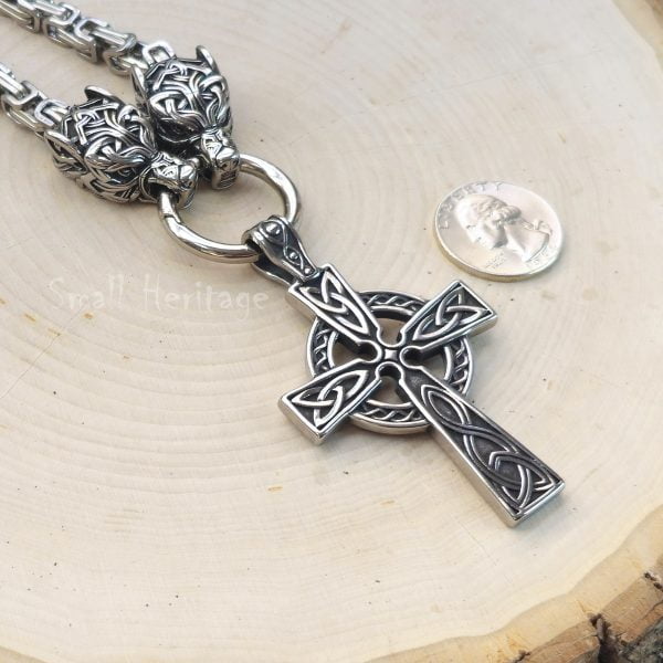 Large Wolf Head Cross Necklace – Heavy Stainless Steel Pendant for Men