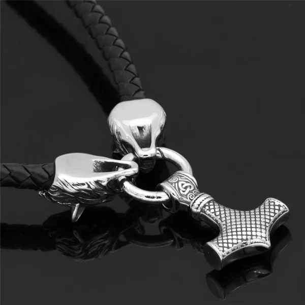 Wolf Heads Thor Hammer Viking Leather Cord Necklace