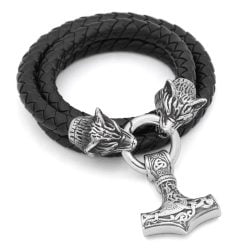 Wolf Heads Thor Hammer Viking Leather Cord Necklace