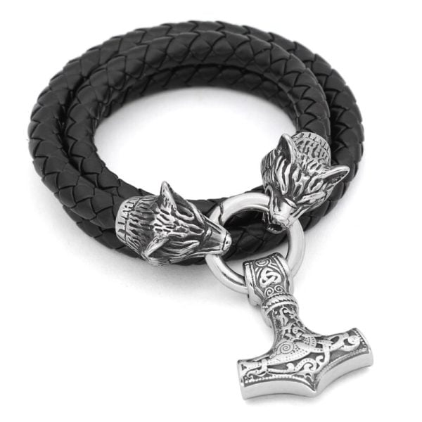 Wolf Heads Thor Hammer Viking Leather Cord Necklace