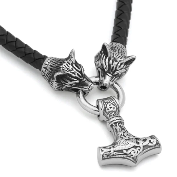 Wolf Heads Thor Hammer Viking Leather Cord Necklace